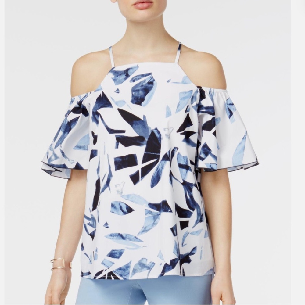 Alfani Women's Cold Shoulder Top - Navy and White Abstract Print
